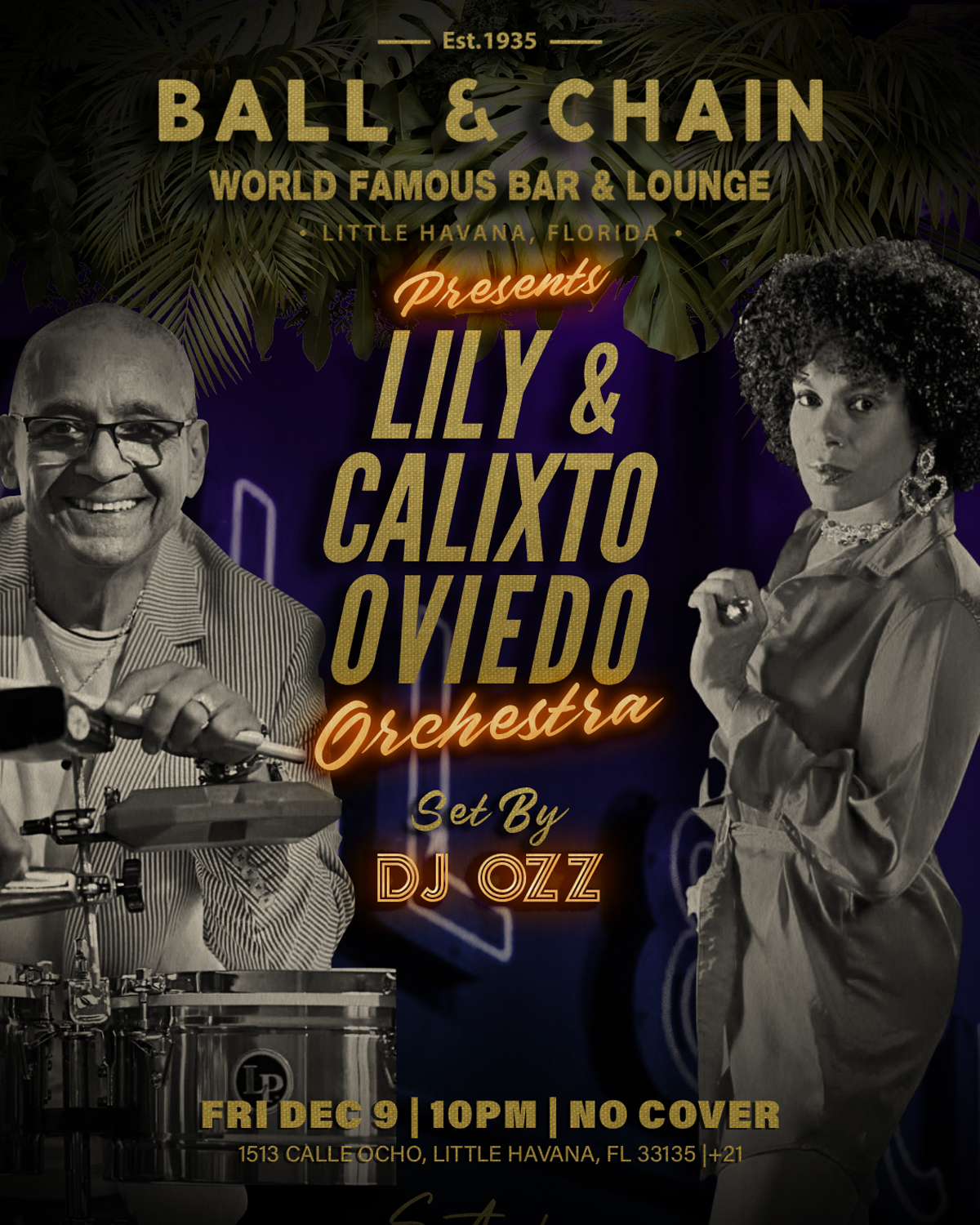 Lily & Calixto Oviedo cutout over a purple background on an event flyer