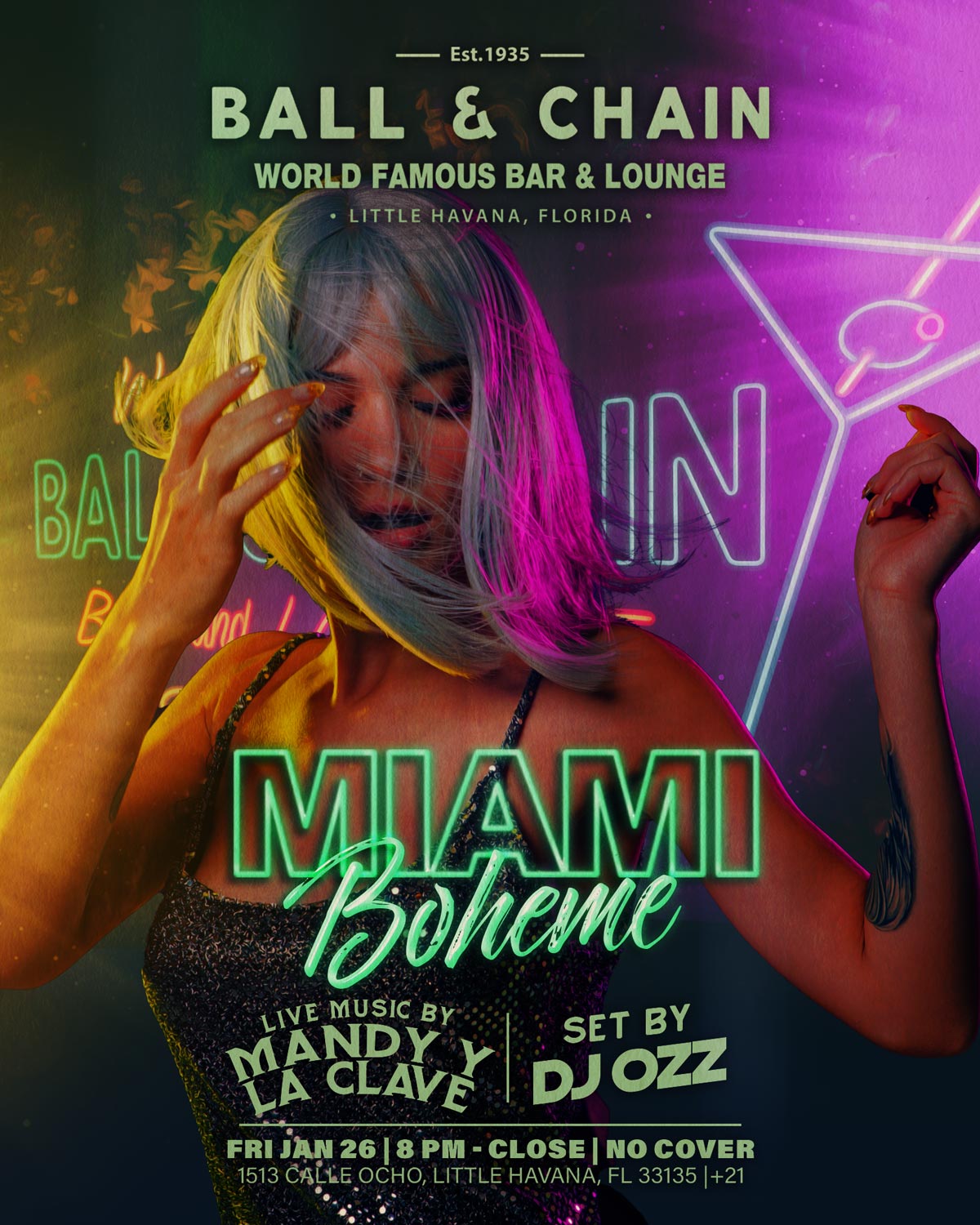 girl with blonde hair dancing superimposed over a neon martini glass