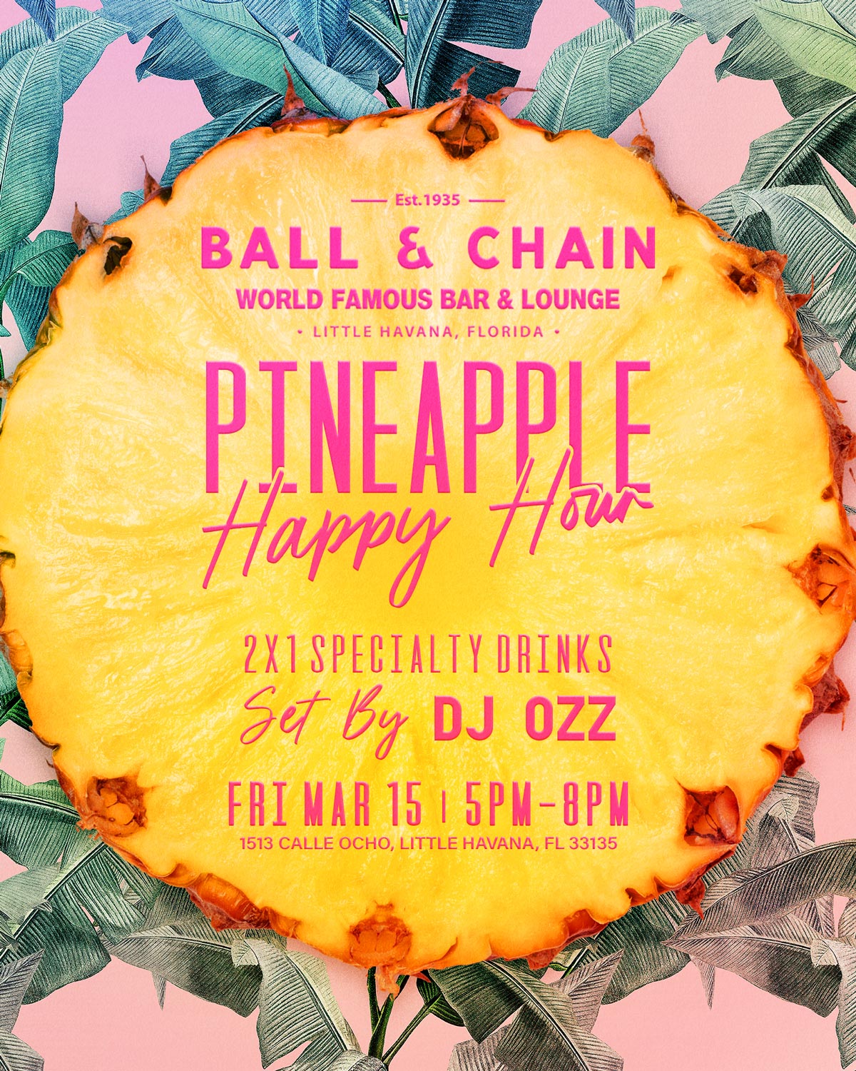 Pineapple cut in half with the event details on it.