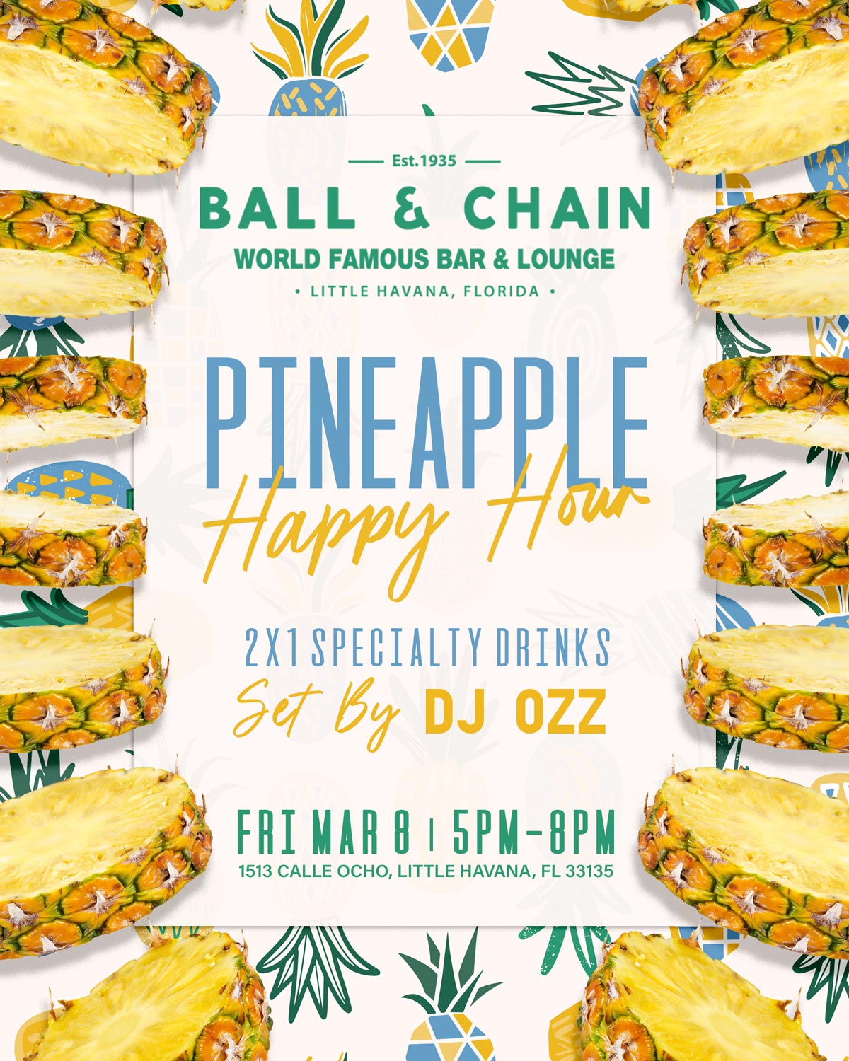 ring of half pineapples surrounding the words from pineapple happy hour
