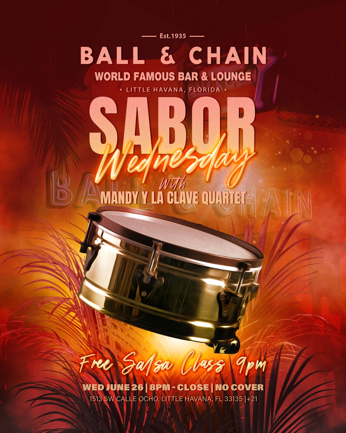 Steel drum floating over a ball and chain backdrop