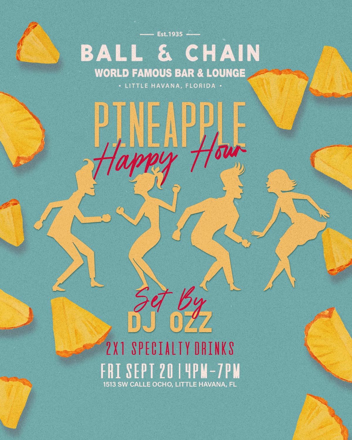 yellow silhouettes of people dancing with pineapple slices floating around them