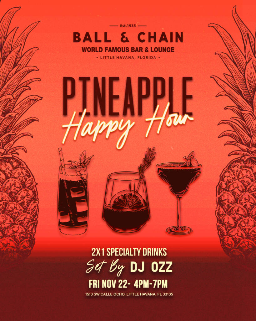 Pineapple Happy Hour drinks on a red background flanked by pineapples