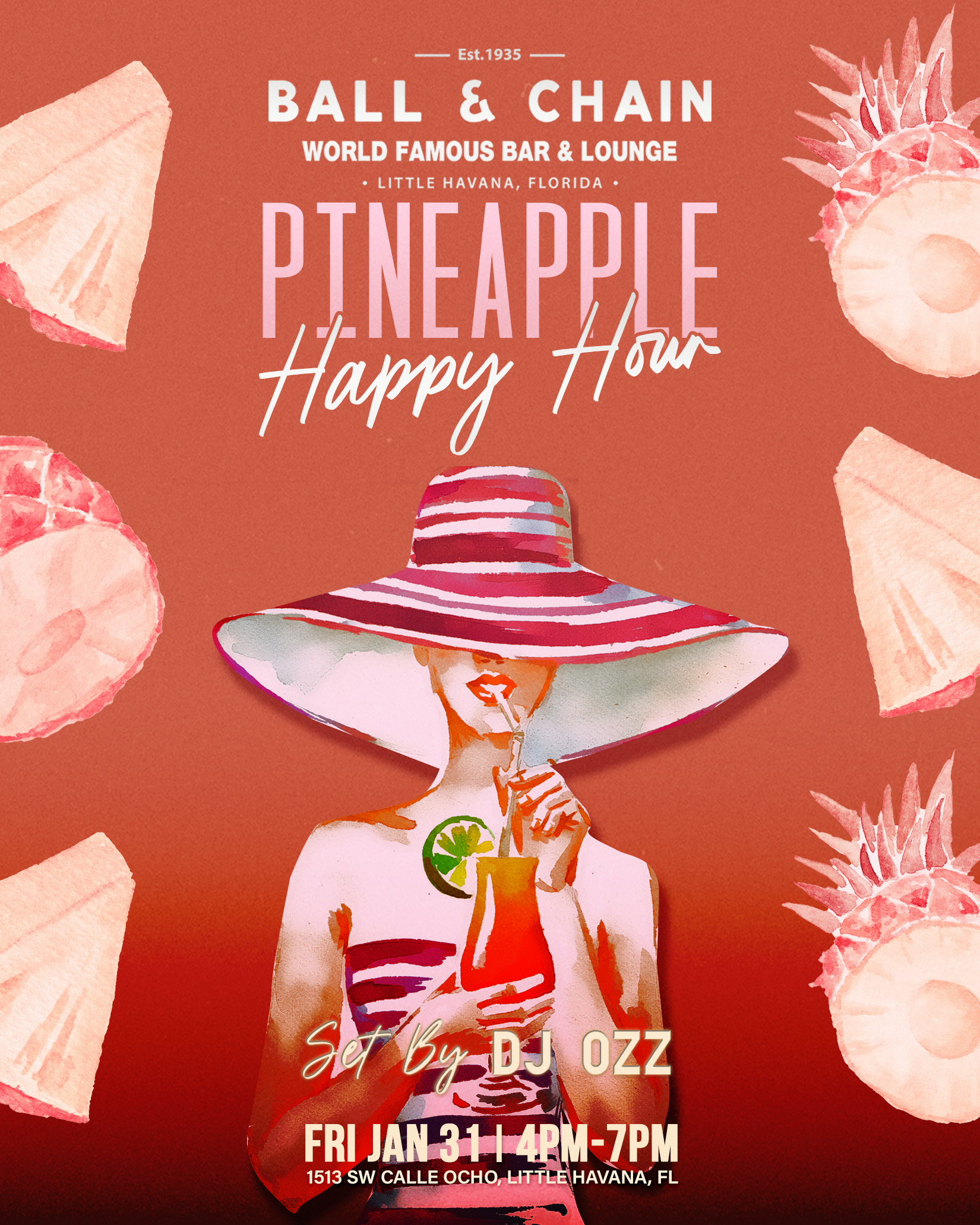 illustration of a woman drinking a cocktail with a pineapple slice in it