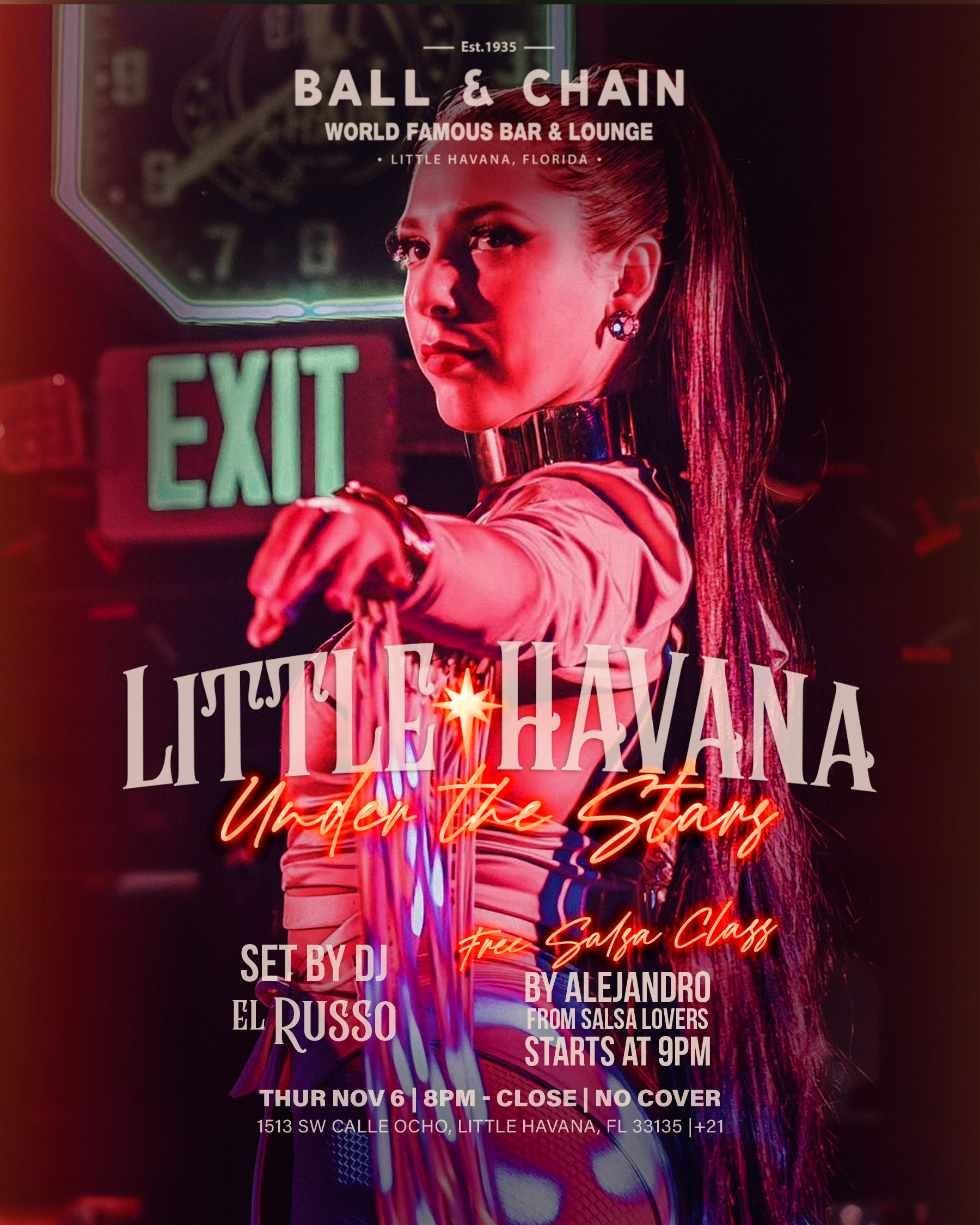 woman with a ponytail dancing in front of an exit sign