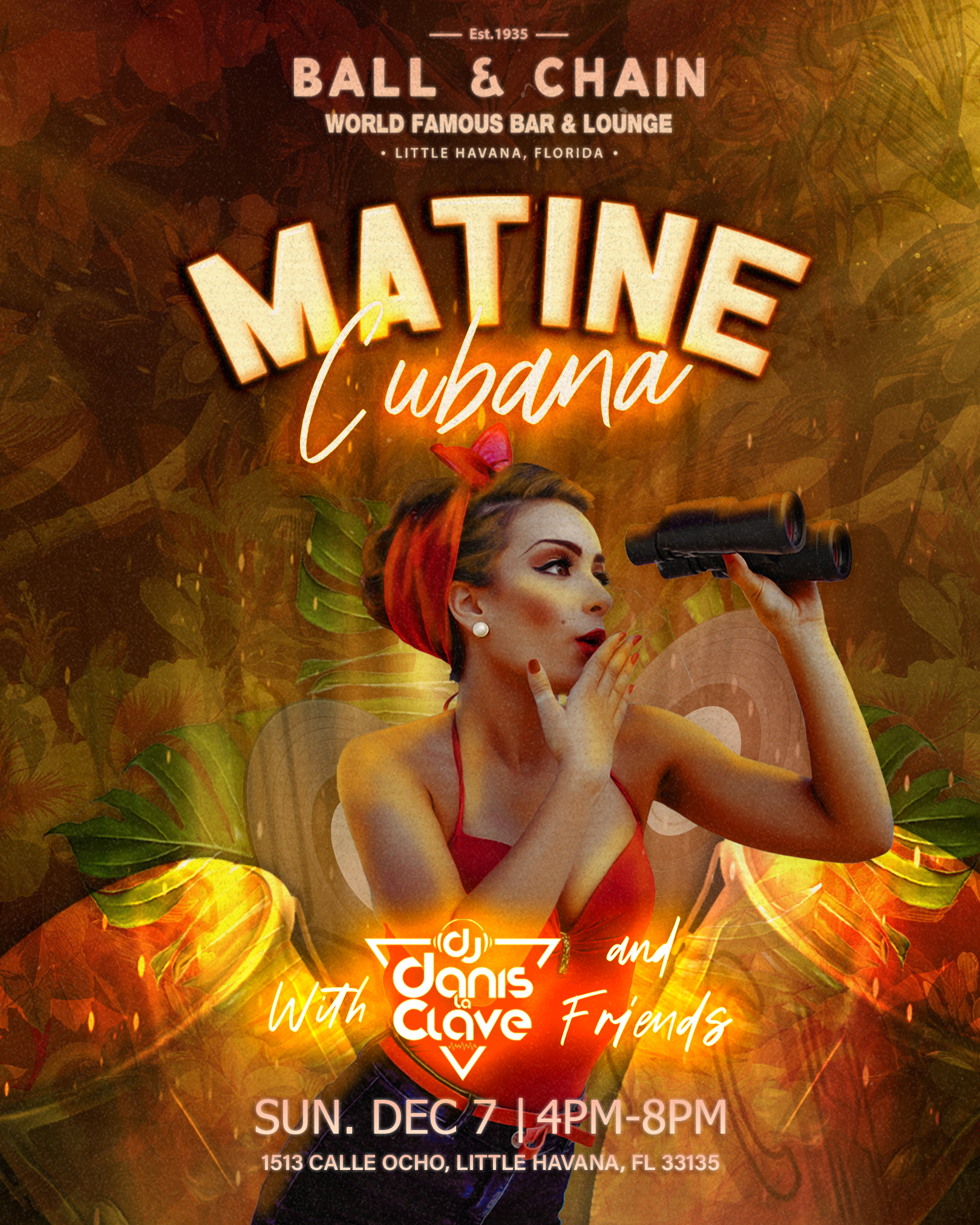 woman in a red dress and head scarf looking through binoculars