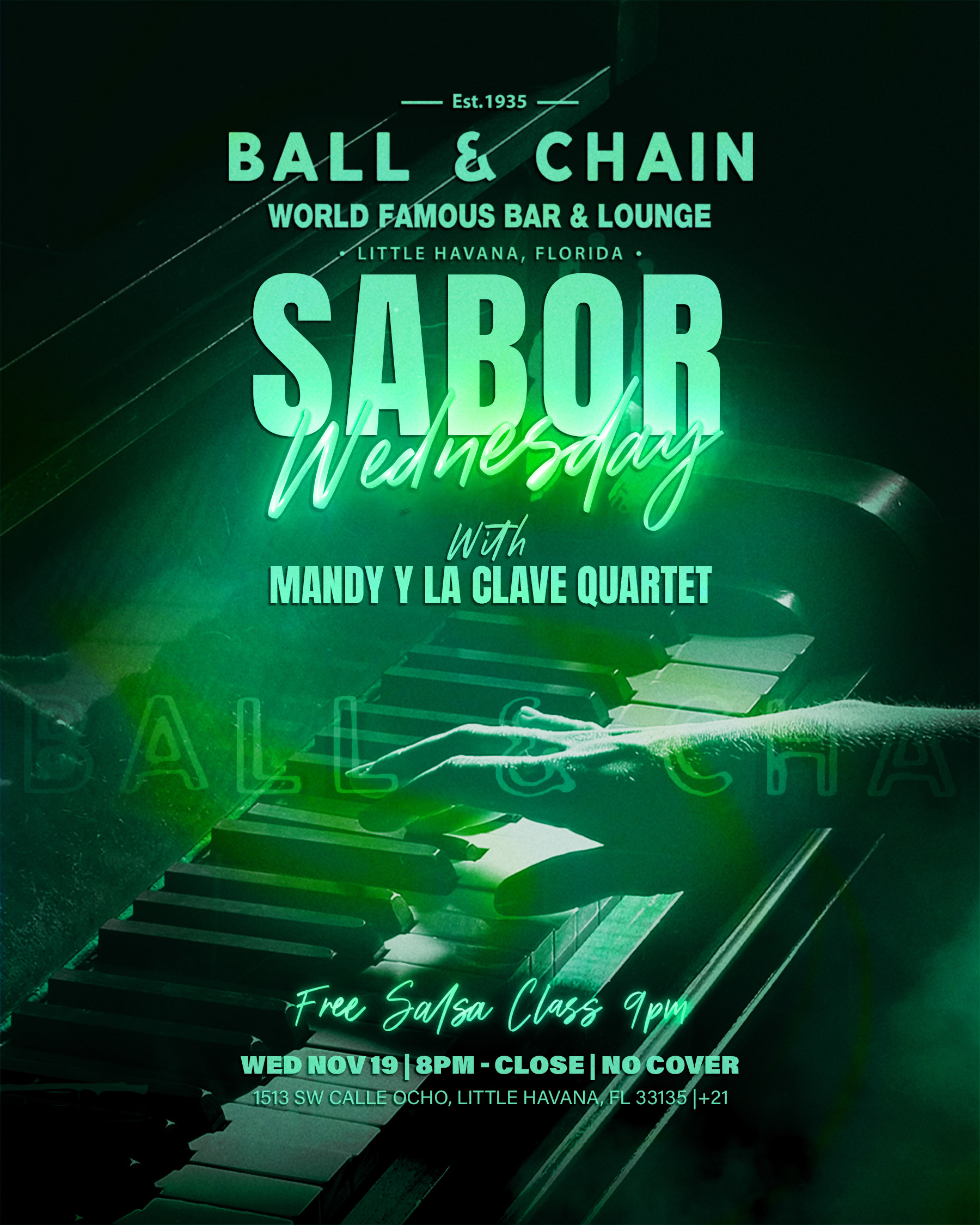 B&C_SABORWEDS_NOV19 close up of fingers on a piano keyboard in green light