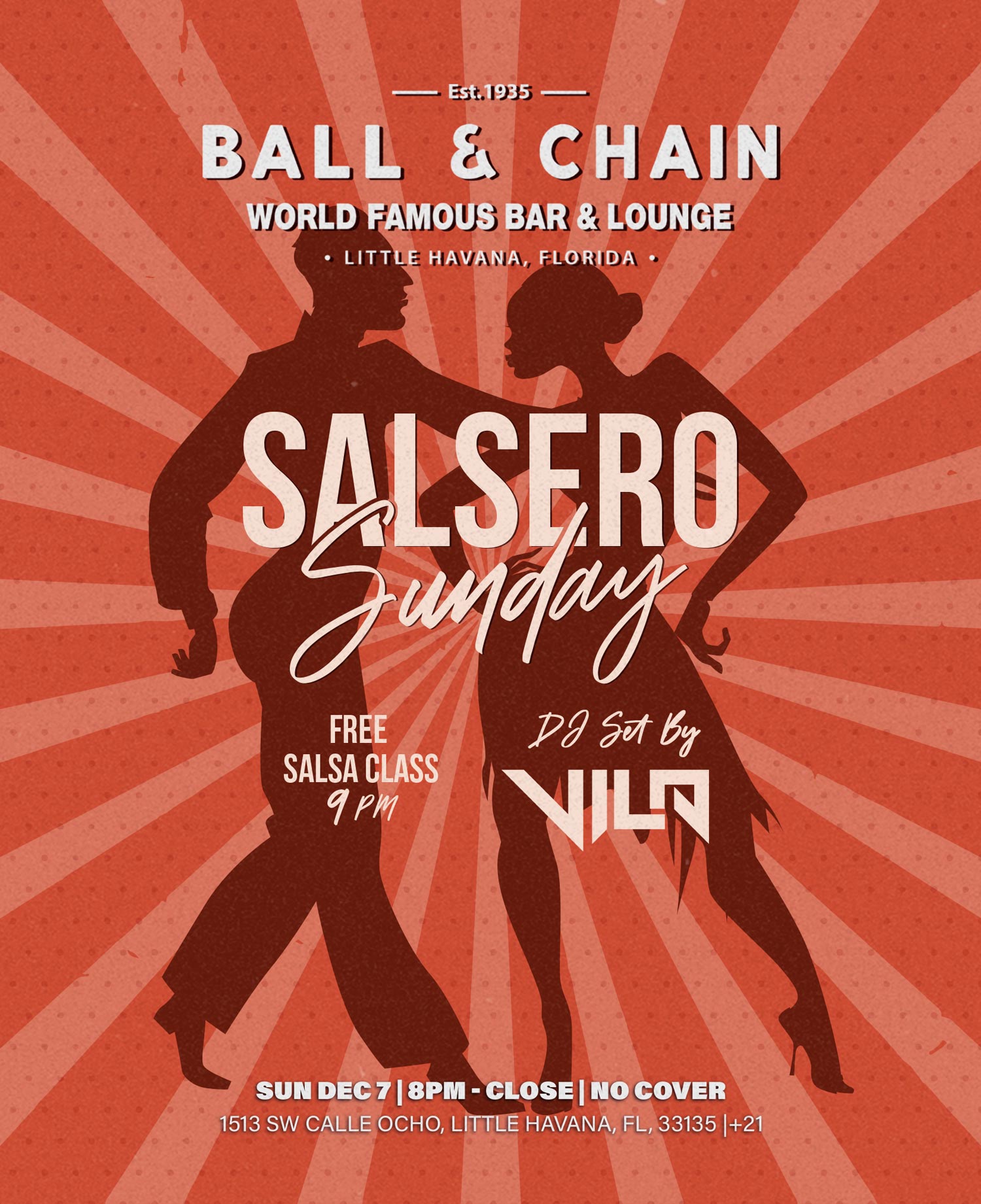 silhouettes of people dancing on a red and pink starburst background