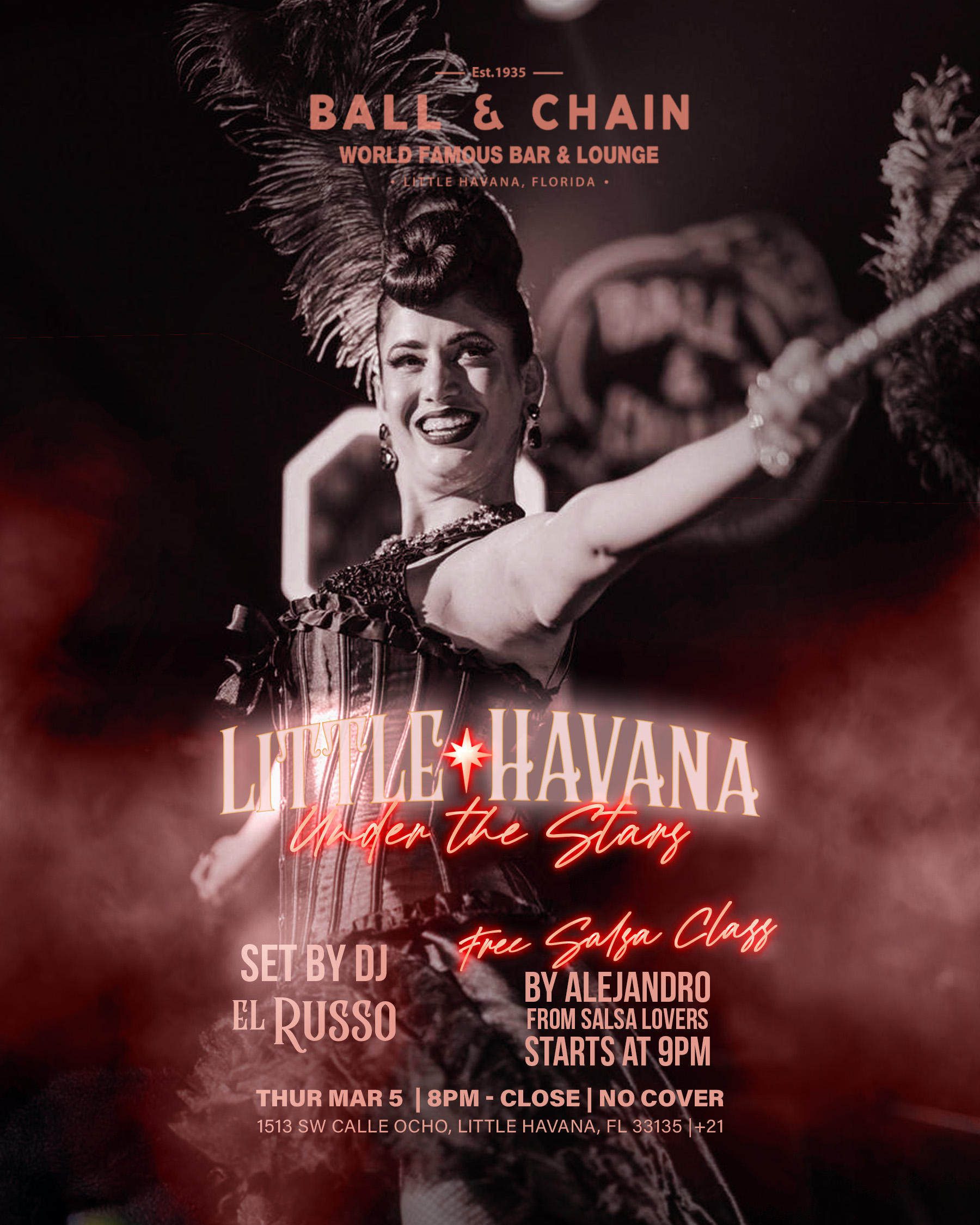 black and white image of a showgirl onstage enveloped in smoke