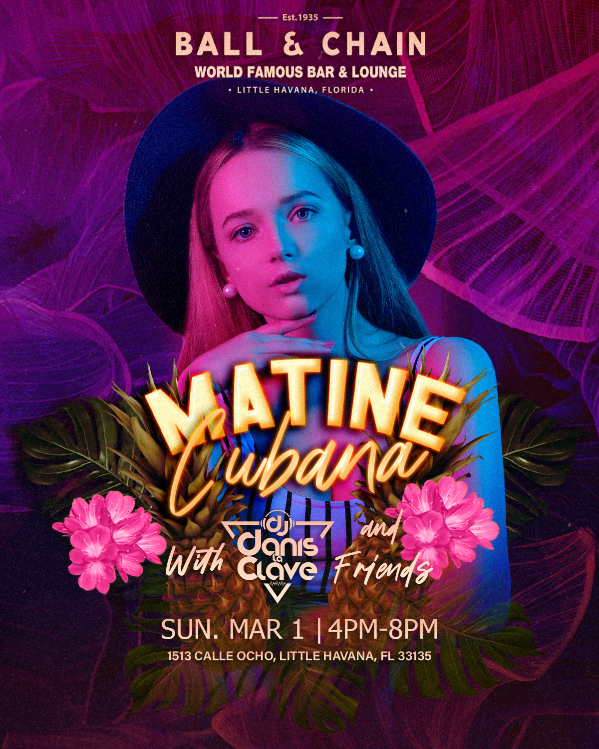 girl in a fedora bathed in pink light