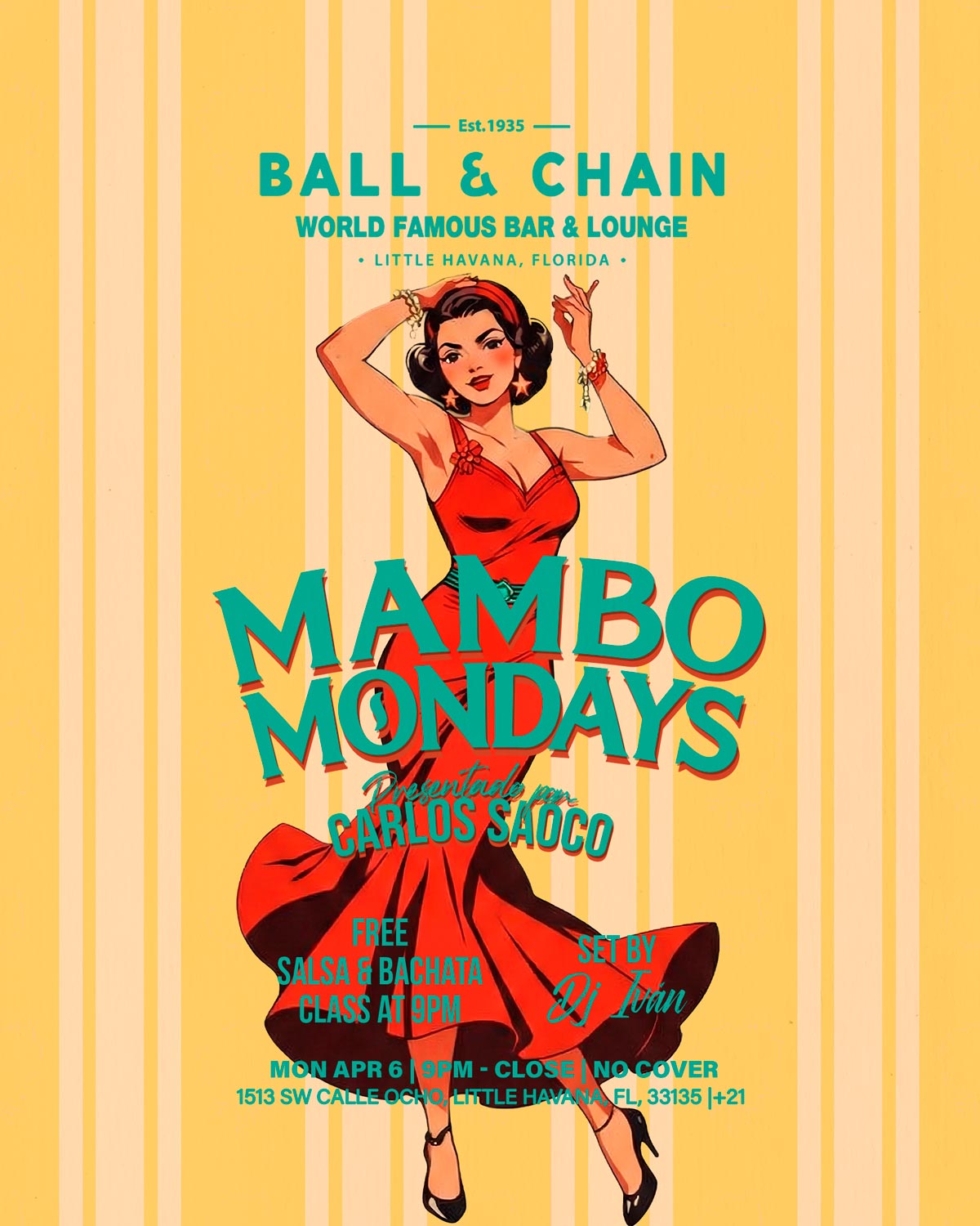 illustration of a woman in a long red dress dancing mambo