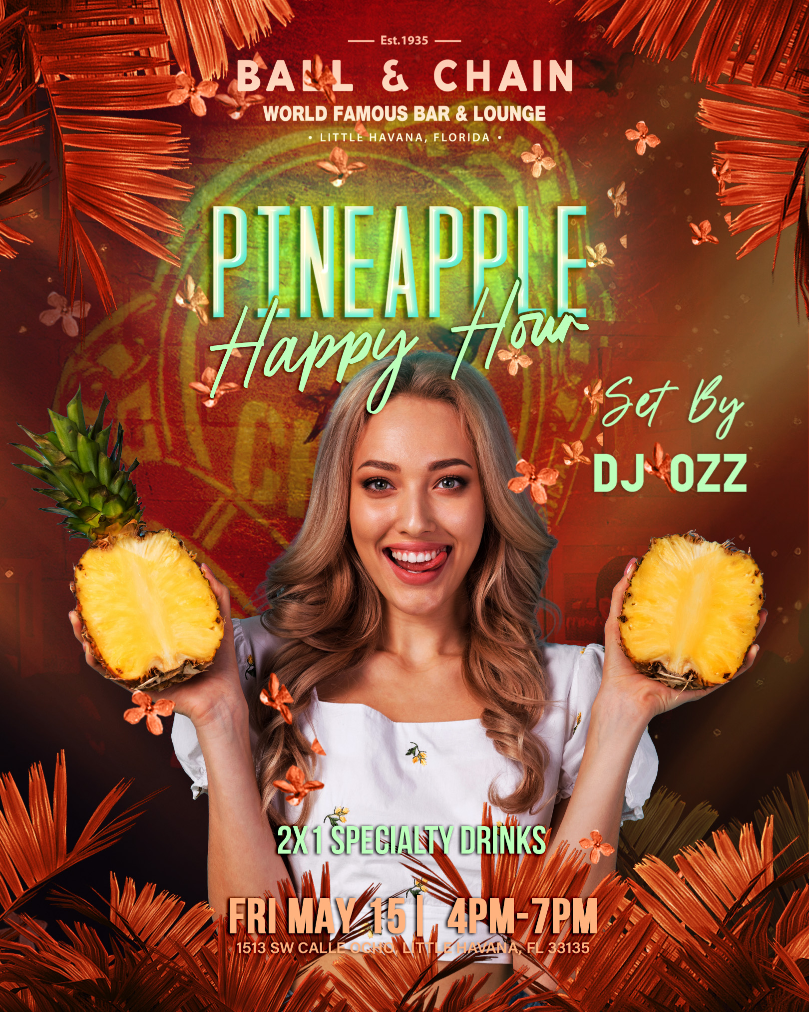 woman holding a halved pineapple in each hand and smiling