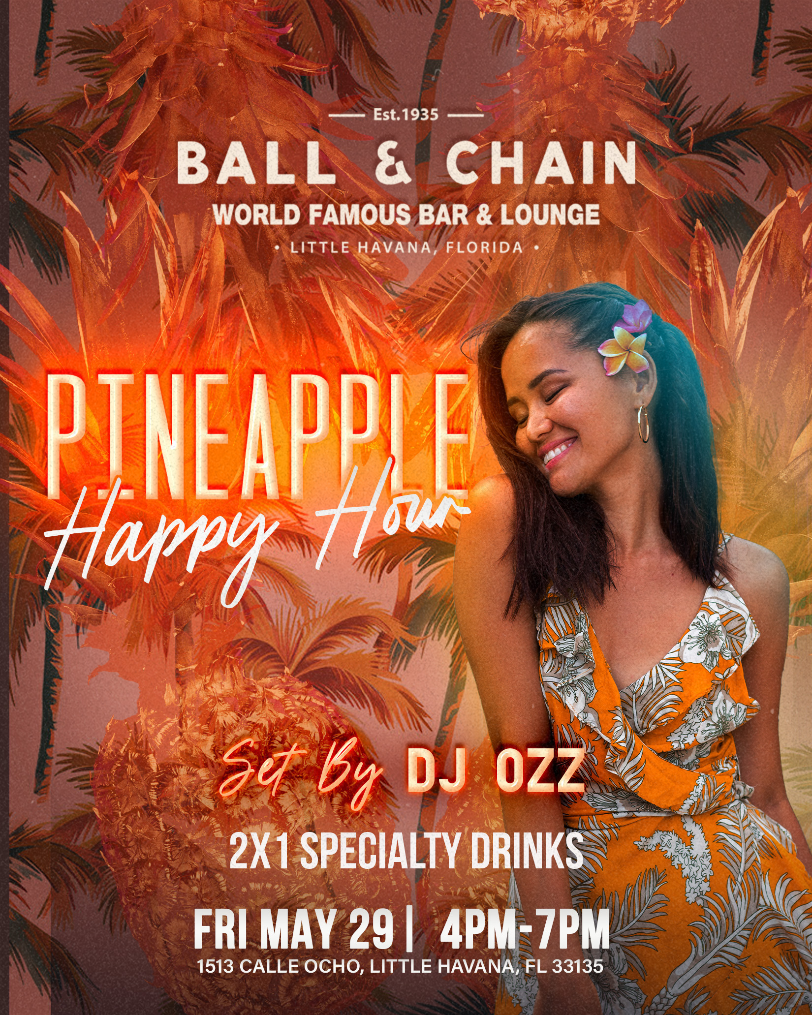 woman with a flower in her hair dancing in front of a backdrop of floating pineapples