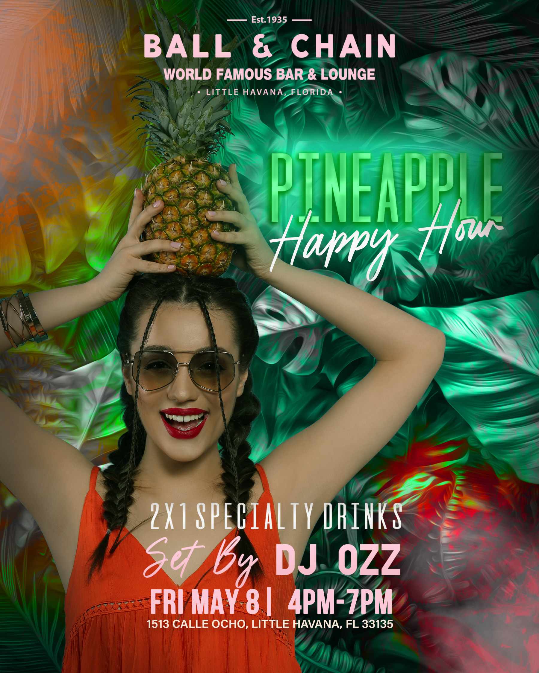 woman with sunglasses and red lipstick holding a pineapple on her head