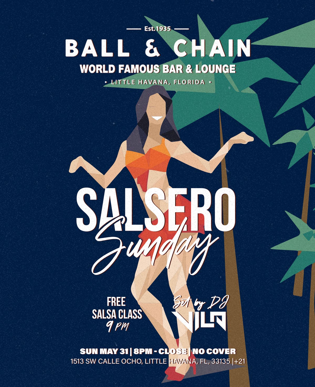 cutout paper illustration of a woman dancing in front of palm trees