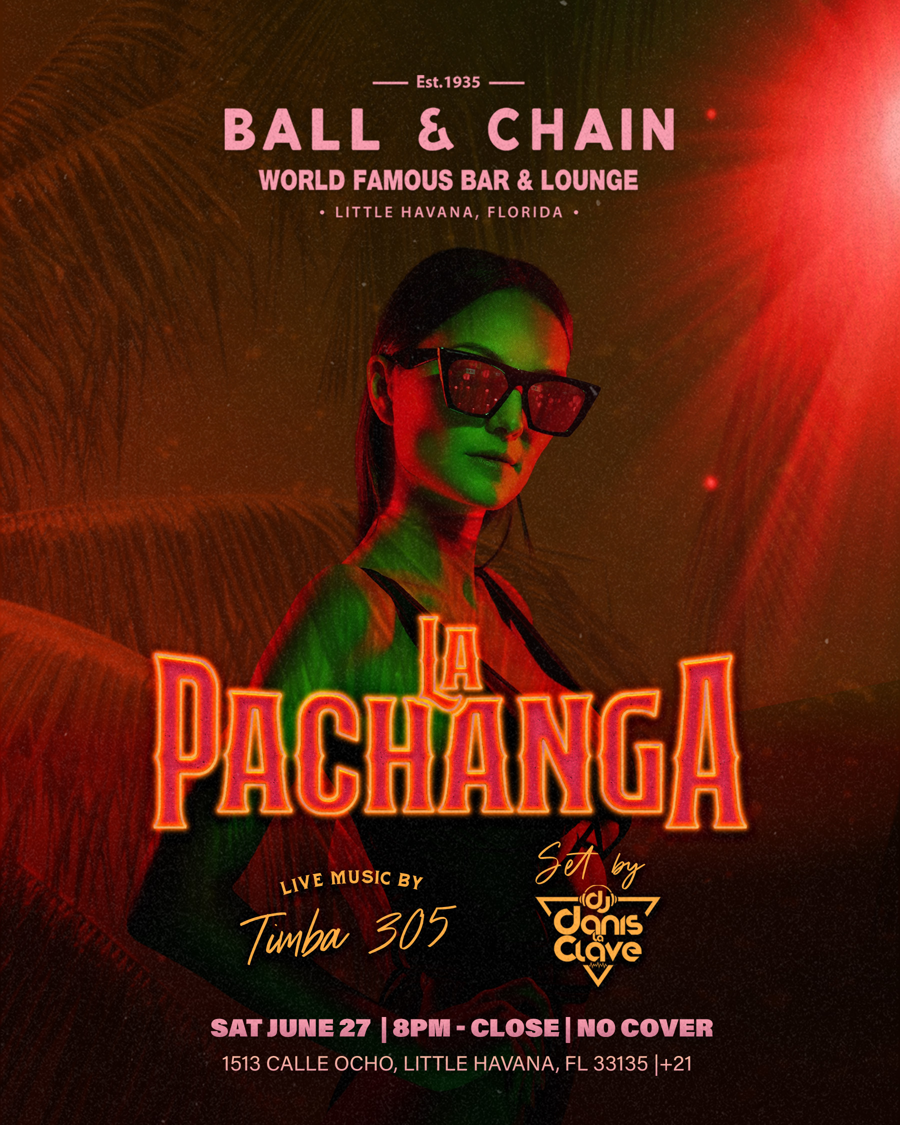 woman wearing sunglasses under the red lights at ball and chain Miami