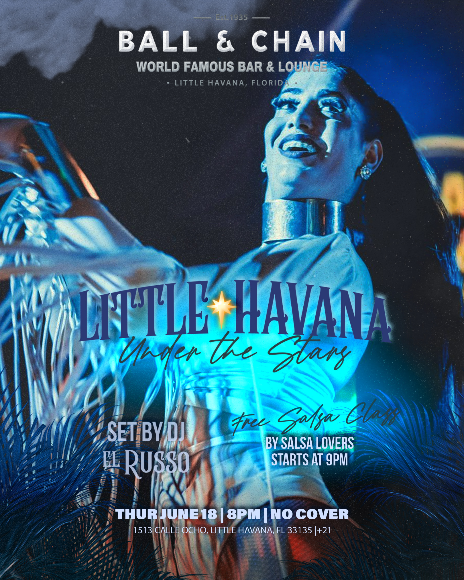 B&C_littlehavana_JUNE18 showgirl bathed in blue light wearing sequins dancing on stage