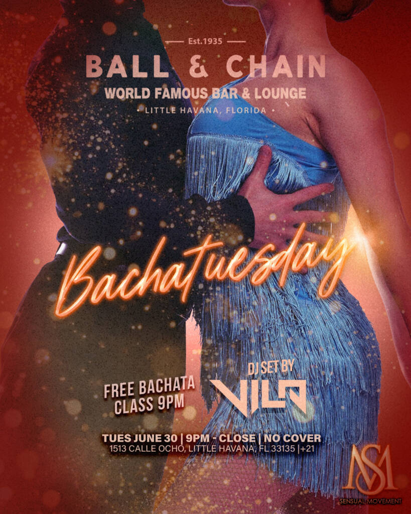 Couple dancing Bachata closely on the dance floor at Ball & Chain