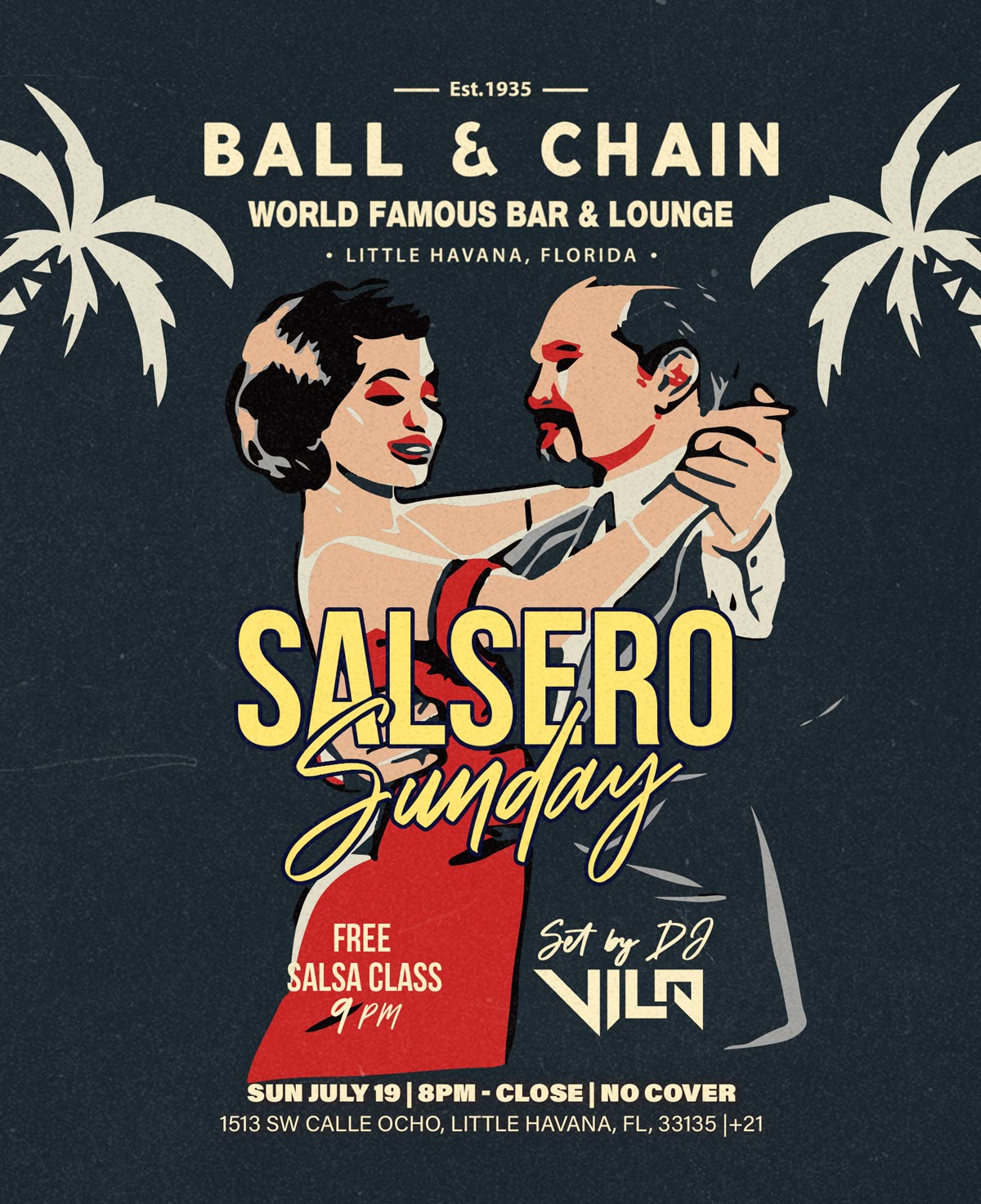 Couple dancing salsa under palm trees
