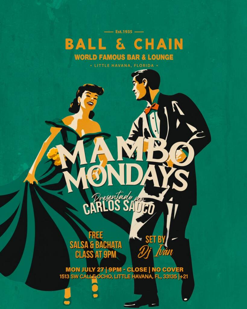 Illustration of a well-dressed couple dancing Mambo on a green background