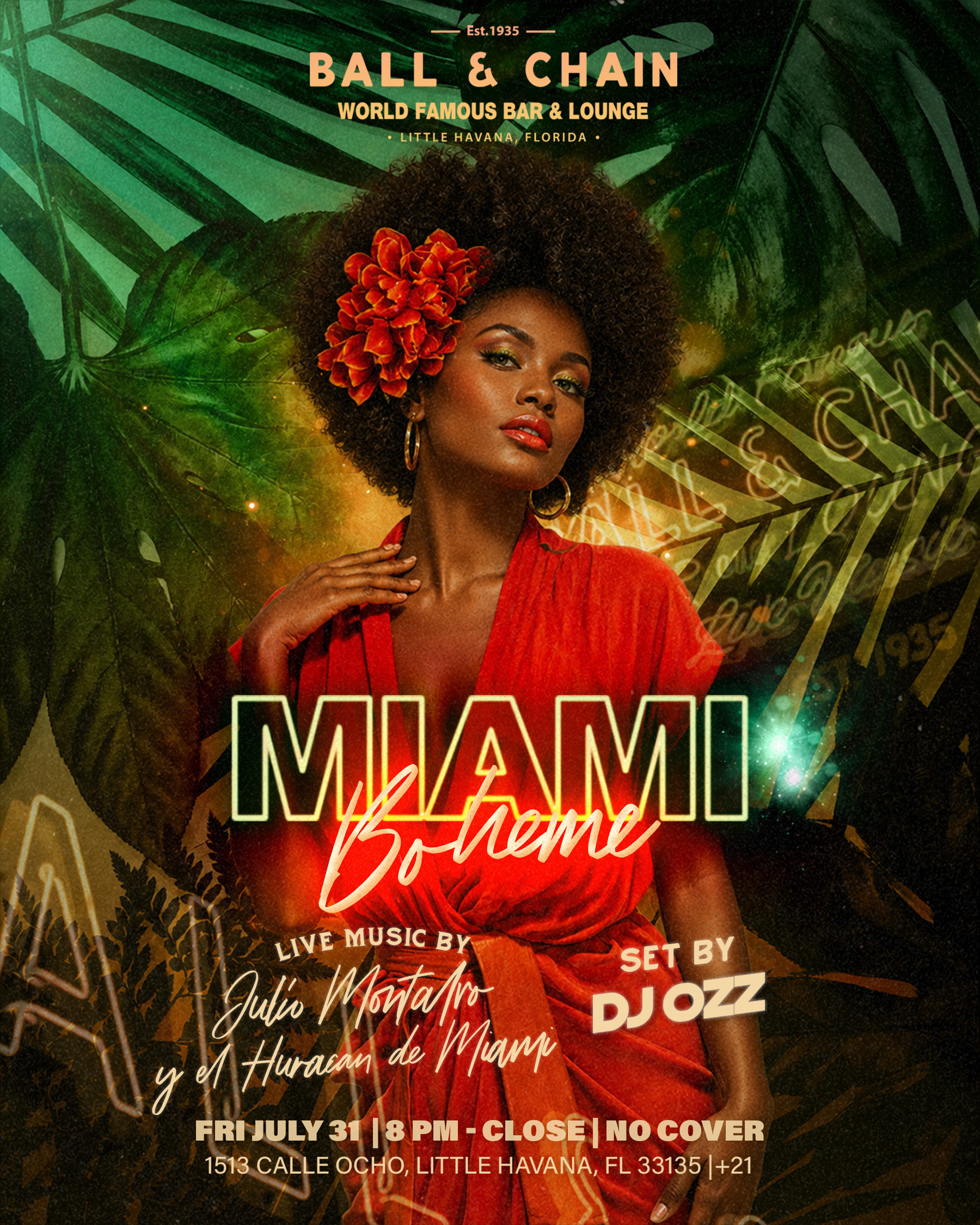 Smiling woman with an afro dancing in front of palm fronds