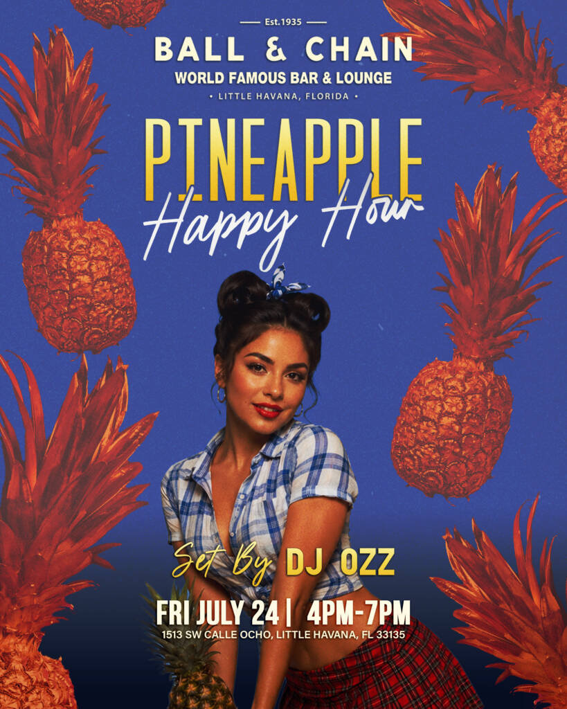 woman posing in a plaid shirt in front of falling pineapples