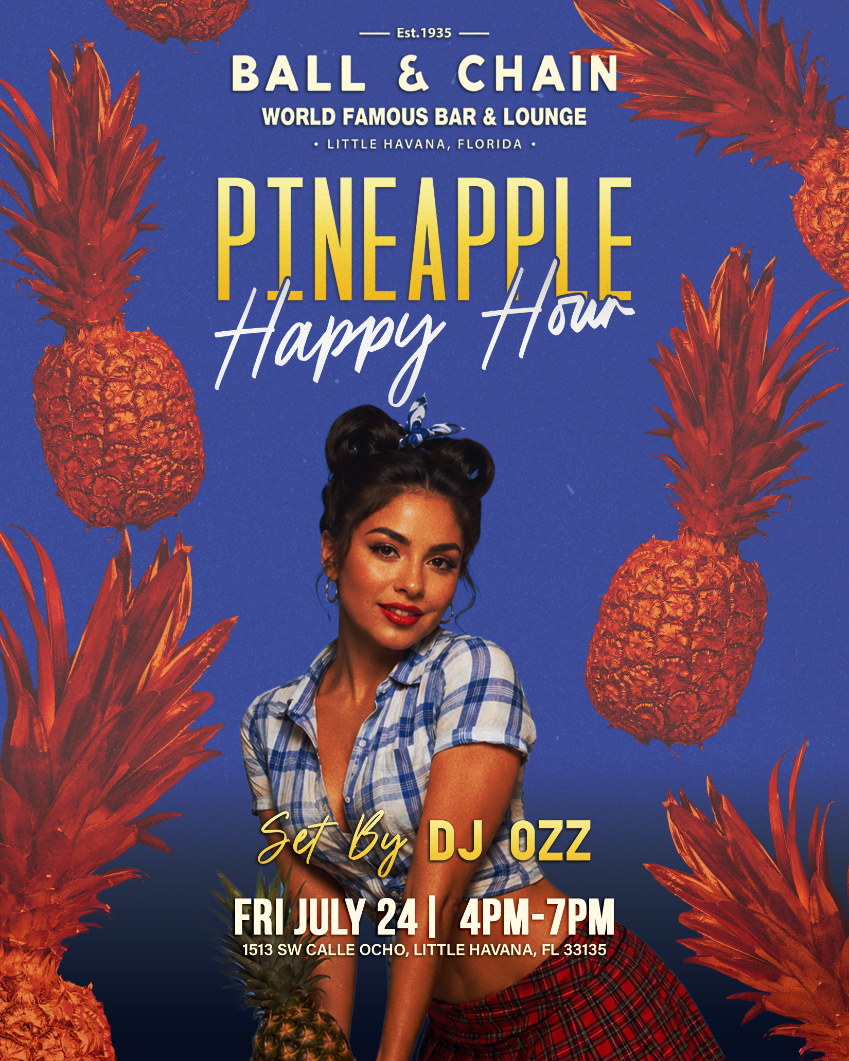 woman posing in a plaid shirt in front of falling pineapples