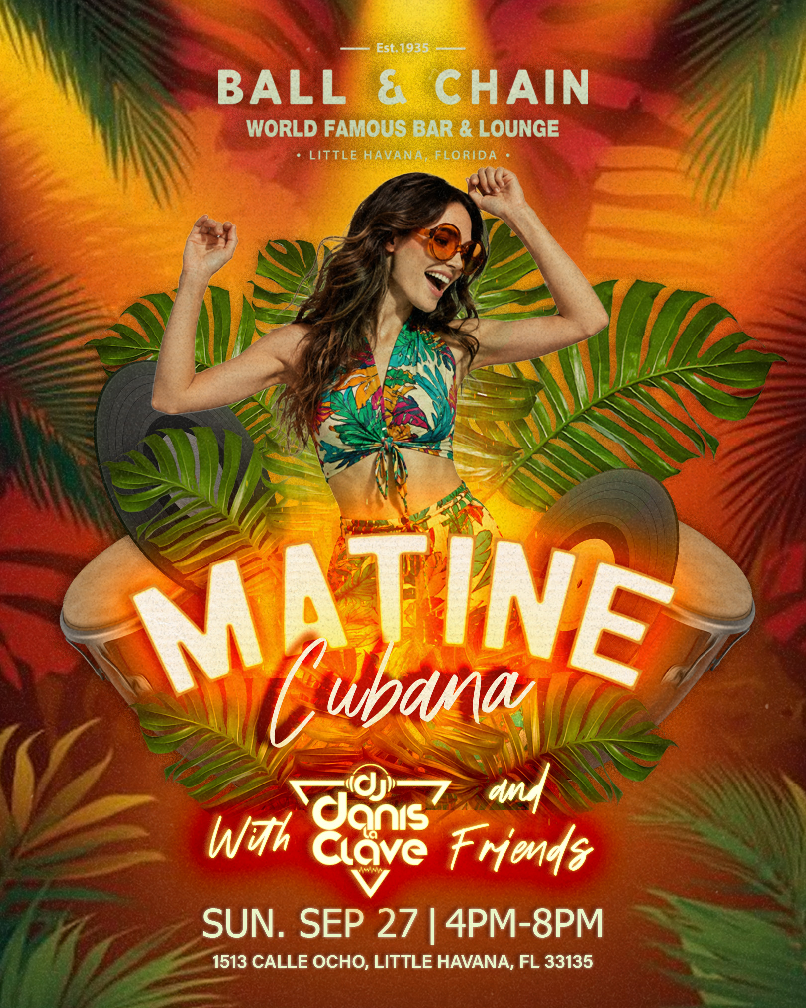 B&C_MatineCubana_sep27 woman in a green top dancing in front of palm fronds