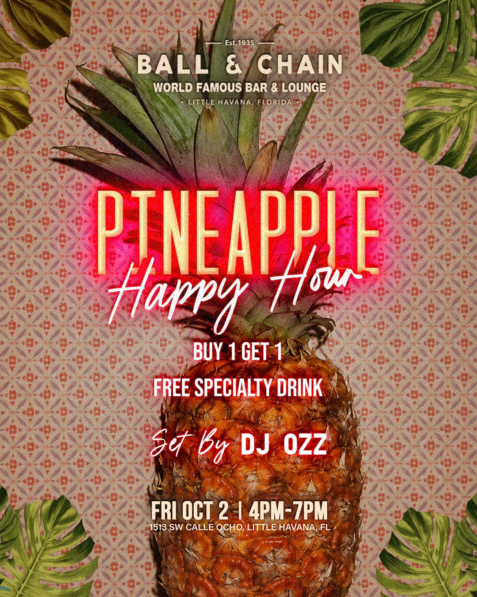 B&C_PineappleHH_oct2 Pineapple on a crosshatched background with palm fronds